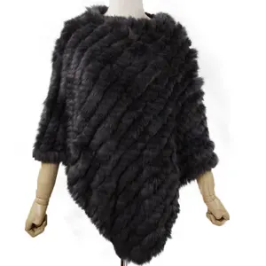 Rabbit fur knitted shawl Winter warm hand made genuine fur shawl triangular style women fur capes