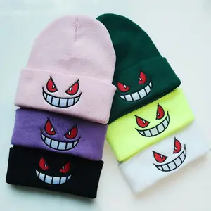 2022 Little Devil New Popular Cartoon Mouth Eyes cappello lavorato a maglia ricamato cappello termico cappello di lana Hip-Hop bucket bonnets beanie