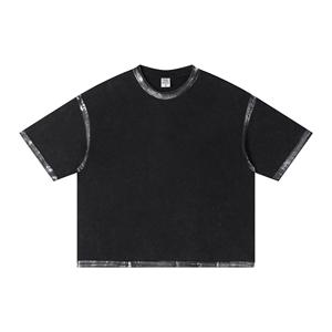 Camiseta de Manga Corta para Hombre, Estilo Vintage, Corte Cuadrado, Tejido Grueso de 285g, con Efecto Desgastado y Salpicaduras de Pintura - Product Image 1