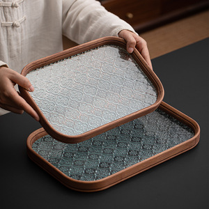 Chinese Style Minimalist <b>Tea</b> <b>Tray</b> Glass Begonia Pattern Wooden Frame Serving <b>Tray</b> For <b>Tea</b> Set Cup Storage - Product Image 1