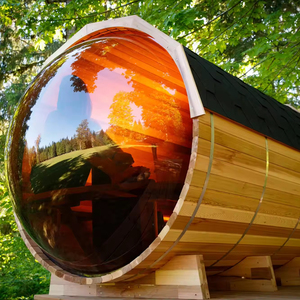 Sauna panoramique en tonneau de côtes avec fenêtre en acrylique en pin ou cèdre pour 2-8 personnes - Product Image 1