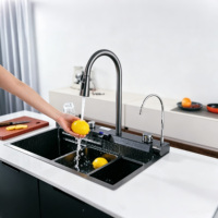 Meilleure vente : Évier de cuisine encastré intelligent fait main 75x45cm en acier inoxydable noir, cuve unique, avec robinet cascade LED, pour appartement