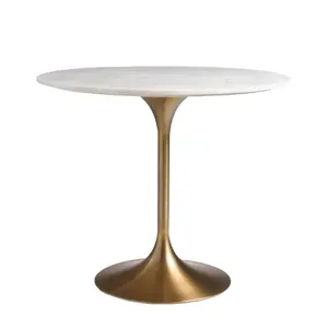 Tavoli da pranzo con base in oro con piano in marmo bianco rotondo di lusso popolare moderno tavoli da pranzo rotondi con piano in pietra per hotel