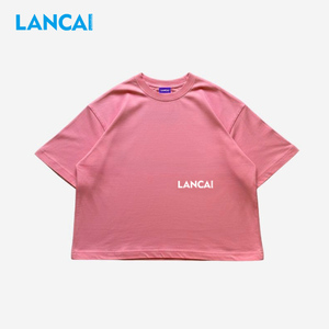 LANCAI High Quality Men's Pink Baggy Short Sleeve O-Neck Cotton Jersey T-Shirt Regular Fit Casual Letter Print Front <b>Logo</b> - Product Image 4