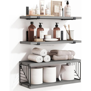 4 Tier Industrial Wall Mounted Decor Over Toilet Steel &amp; Wood Basket with Leaf <strong>Vein</strong> Design Floating Shelves for Bathroom - Product Image 6