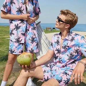 남성 실크 잠옷 여름 비치 착용 여성용 셔츠와 짧은 세트 2 피스 하와이 커플