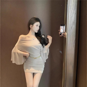 Off The Shoulder Fitted Long Sleeve Dress Apricot Solid Color Belted Backless Party Wear Tight Waist Slimming Hip Hugging Skirt - Product Image 4