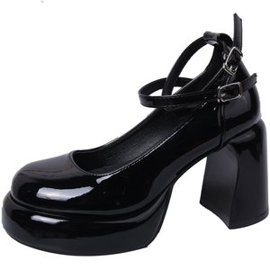 French <strong>Red</strong> Women's High <strong>Heels</strong> Round Toe Chunky <strong>Heel</strong> 6-8cm Pu Upper Rubber Sole One-Strap Buckle Single <strong>Shoes</strong> - Product Image 4