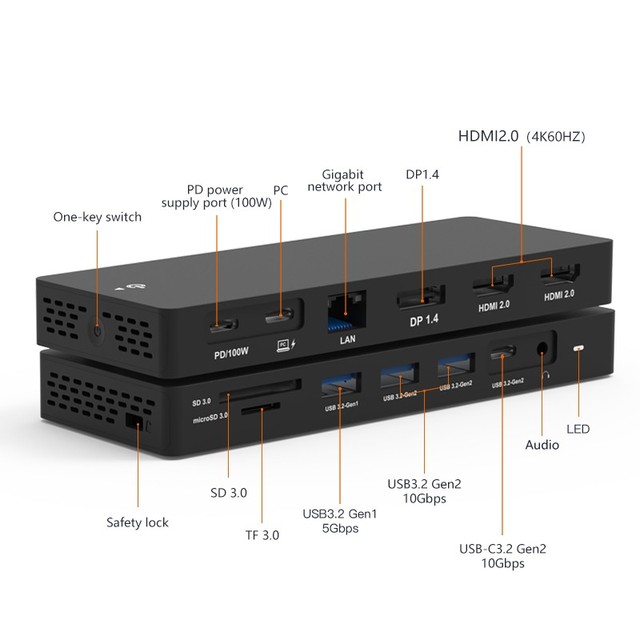 USB C Hub MST Displayport Dual HDTV 4K 60Hz Triple Display Type C Adapter Hub 13 Ports 13 In 1 Type C Docking Station