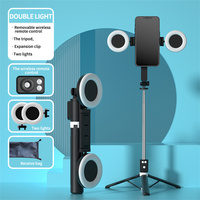 Perche à selfie BT12 4-en-1 avec double anneau lumineux, trépied pliable et extensible pour iPhone et Android