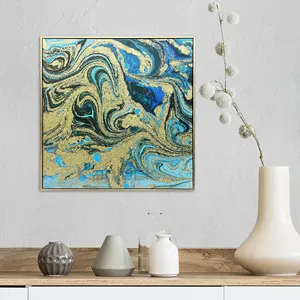 Minimalist Blue And Gold Marble Texture Chunky Embellished Wall Art Canvas Painting With Frame