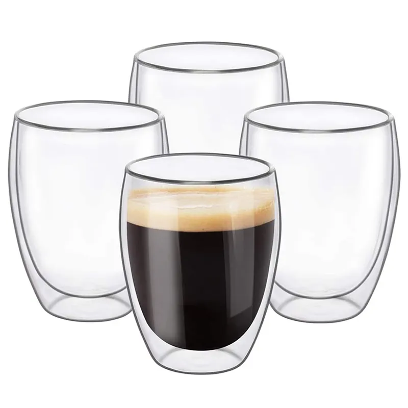 工場透明ガラスコーヒーマグ12 OZティーコーヒー用グラスを飲む4つの二重壁断熱サーマルカップのセット