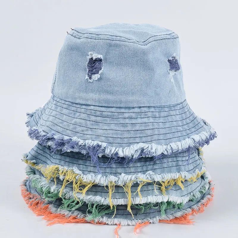 Penjualan laris topi Bucket Denim berjumbai wanita bepergian topi jins nelayan antik Distressed 2024 Musim Semi