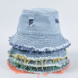 Hot Selling Traveling Woman Frayed Denim Bucket Hat Distressed Vintage Fisherman Jeans Bucket Hat 2024 spring