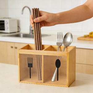 กล่องเก็บช้อนส้อมไม้ไผ่พร้อมช่องใส่ตะเกียบสำหรับบริการบุฟเฟ่ต์ในครัว - Product Image 5