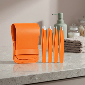 Ensemble de pinces à sourcils en acier inoxydable orange, pointe fine, style moderne durable avec étui - Product Image 4
