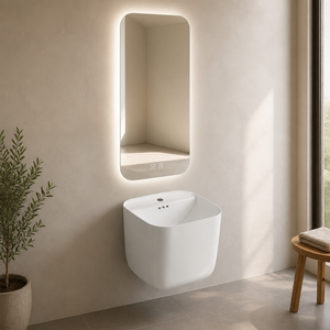 Test di Riempimento Lavabo Sospeso a Parete Prima della Consegna, Lavabo Riempito e Lasciato a Stare in Posizione Verticale, Vista dall'Inferiore, per Progetto Alberghiero - Product Image 1