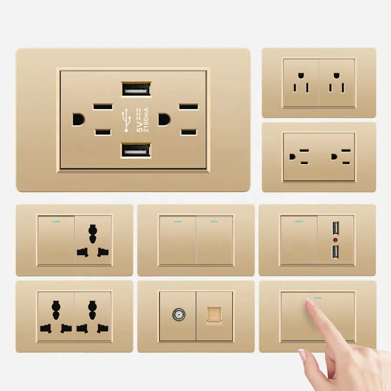 US Standard Thailand Vietnam Golden PC 118 Type 16A Wall Switches Sockets Electrical Switch and Sockets USB Type C