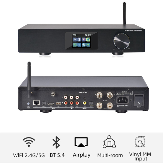 Cloudyx CL-300W Mini Hi-Fi Aluminum Alloy Stereo Amplifier 2x275W Output DAC DSP WiFi/BT 5.0 ARC AirPlay 2 Phono Input