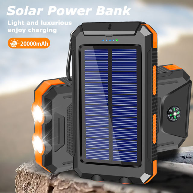 20000mAh Solar Power Bank IP67 Waterproof Compass 10W Fast Charging Outdoor Portable Charger