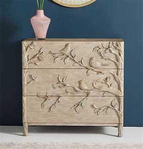 Cómoda Boho de 3 Cajones de Madera Maciza, Aparador Rústico con Relieve Floral Hecho a Mano, Mueble de Almacenamiento con Detalles Antiguos para Sala de Estar - Product Image 1