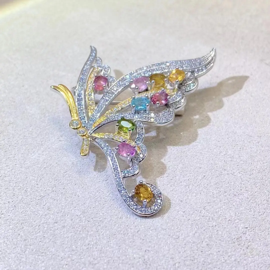 Broche de borboleta de turmalina natural com pingente de corrente de prata 925/broche de joia fina categoria