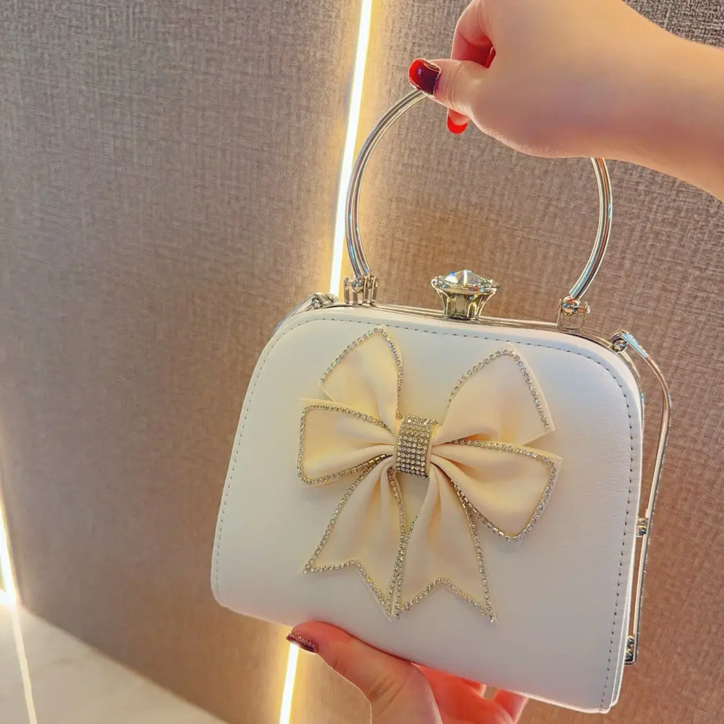 New Large Capacity Handbag Cute Rhinestone Bow Pu Leather Box Evening Bags Crossbody Bag NE1198