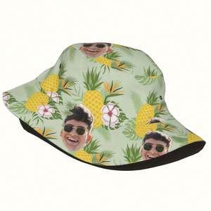 Chapeau seau d'été unisexe personnalisé Fleur d'ananas tropical Conception de visage personnalisé Casquette respirante de style dessin animé pour le voyage - Product Image 1