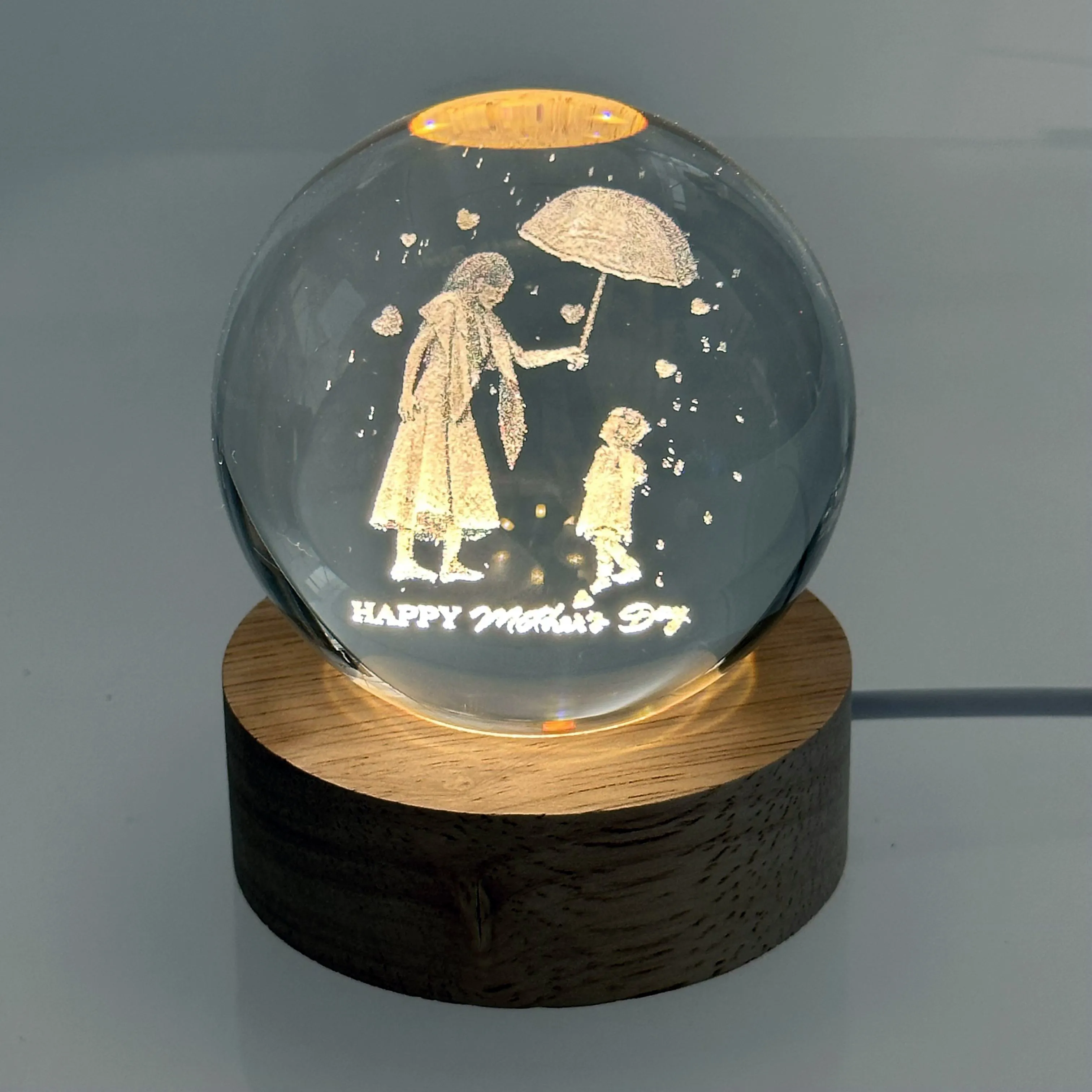 Crystal Ball Night Light Solid Wood Base Luminous Crystal Ornaments 3D Inner Carved Glass Ball Night Light