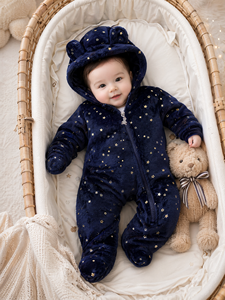 Combinaison bébé en polaire douce et flanelle polyester, imprimé étoiles mignon, fermeture éclair, pour l'hiver, collection transfrontalière, nouvelle collection Mother's Babybear - Product Image 1
