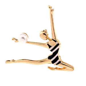 Promotional Metal Wholesale Fashion Zinc Alloy Women Enamel Pearl Sports Volleyball Girl Jewelry Brooch Pin For Suit