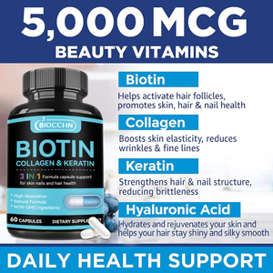 Cápsulas de Biotina 5000mcg, Suplemento para el Crecimiento del Cabello con Colágeno, Orgánico, Vegano, Marca Privada, Fabricante OEM, Apoyo para Piel y Uñas - Product Image 5