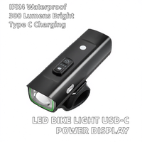 Luz Delantera LED de Aluminio para Bicicleta con Carga Tipo-C, Resistente al Agua IPX4, 300 Lúmenes, Indicador de Batería, para Viajes al Aire Libre