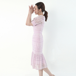 De moda de verano casual de bordado de tela de encaje Vestido de manga corta con volantes vestido de vestidos de las mujeres - Product Image 3