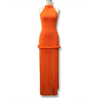 Robe longue maxi à franges et pompons pour femme, avec bordure tressée, moulante, pour soirée et vacances