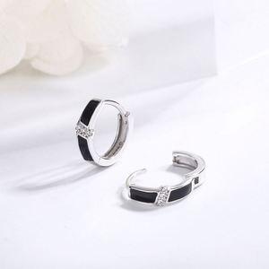 925 Sterling <b>Silver</b> Cute Rhodium Plated <b>Huggies</b> Round Design Black Hoop Earrings for Women Wedding Party Gift Jewelry - Product Image 4