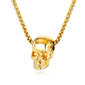Hip Hop New Stainless Steel Skull Charm Pendant Gold Necklace Retro Thick Box Chain Punk Vintage Jewellery Men Women Wholesale