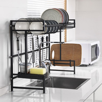 Étagère de cuisine pliable à double niveau en acier au carbone multifonctionnelle rétractable avec porte-vaisselle et porte-ustensiles