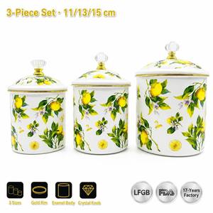 <span class=keywords><strong>Set</strong></span> Kaleng Enamel Senny 3Pcs 11 13 15cm Motif Lemon Botanical dengan Pinggiran Emas, Stoples Penyimpanan dengan Tutup Kenop Kristal, Grosir Pabrik - Product Image 1