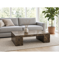 Table basse moderne en marbre brun Dark Emperador sur mesure SH STONE, profil bas, décor, deux pieds droits, salon, meubles de maison