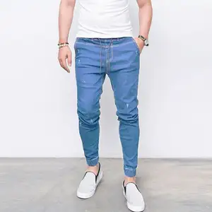 China Factory Custom Wholesale Side Denim Tapered Men's Tight Solid Color Drawstring High Waist Jeans for Men