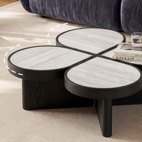 Table basse moderne en forme de fleur, placage de bois d'orme, plateau en pierre de travertin gris, table de salon design pour hôtel