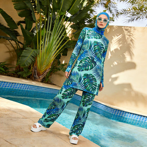 Wholesale Tropical Print Burkini Swimwear Set for Women Modest Full Coverage Long Sleeve Tunic Pants Hijab - Product Image 3