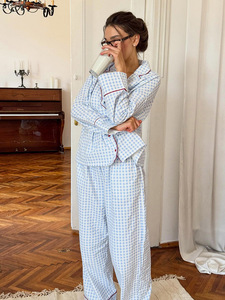 Women 100% Cotton <b>Pajama</b> Set 2026 New <b>Plaid</b> Contrast Piping Long Sleeve Long Pant Sleepwear Ladies Autumn Winter Soft Loungewear - Product Image 5
