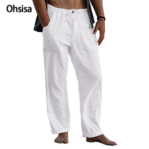 Pantaloni 2025 Ohsisa da uomo in <span class=keywords><strong>lino</strong></span> con tasche elastiche in vita con coulisse pantaloni da uomo tinti in tinta tinta unita da spiaggia Casual da spiaggia - Product Image 1