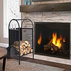 Carro para chimenea Carro para <span class=keywords><strong>leña</strong></span> Hierro negro Estante de almacenamiento de troncos de madera Portador de transporte de troncos Estante para troncos con herramientas - Product Image 4