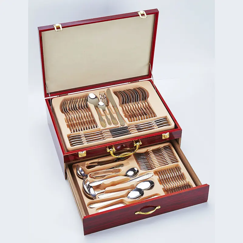 Vendita calda Set di stoviglie in acciaio inossidabile 304 placcato oro 72 pezzi cucchiaio e forchetta scatola di legno
