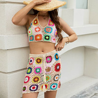 Ensemble de robe de plage en acrylique épais et solide, style vacances, avec dentelle crochetée ajourée et jupe courte à nouer