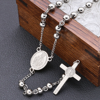Collier de prière chrétien en acier inoxydable avec pendentif croix et perles de 6 mm, bijou religieux saint et béni pour les fêtes