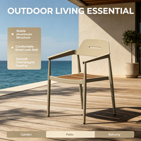 Chaise de salle à manger d'extérieur avec structure en aluminium, revêtement poudré couleur champagne, assise imitation bois, résistante aux intempéries, pour patio, jardin, balcon